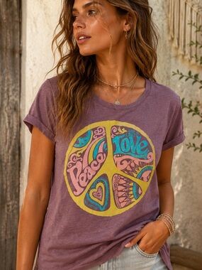BlueVelvet M Purple Peace & Love Graphic Tee